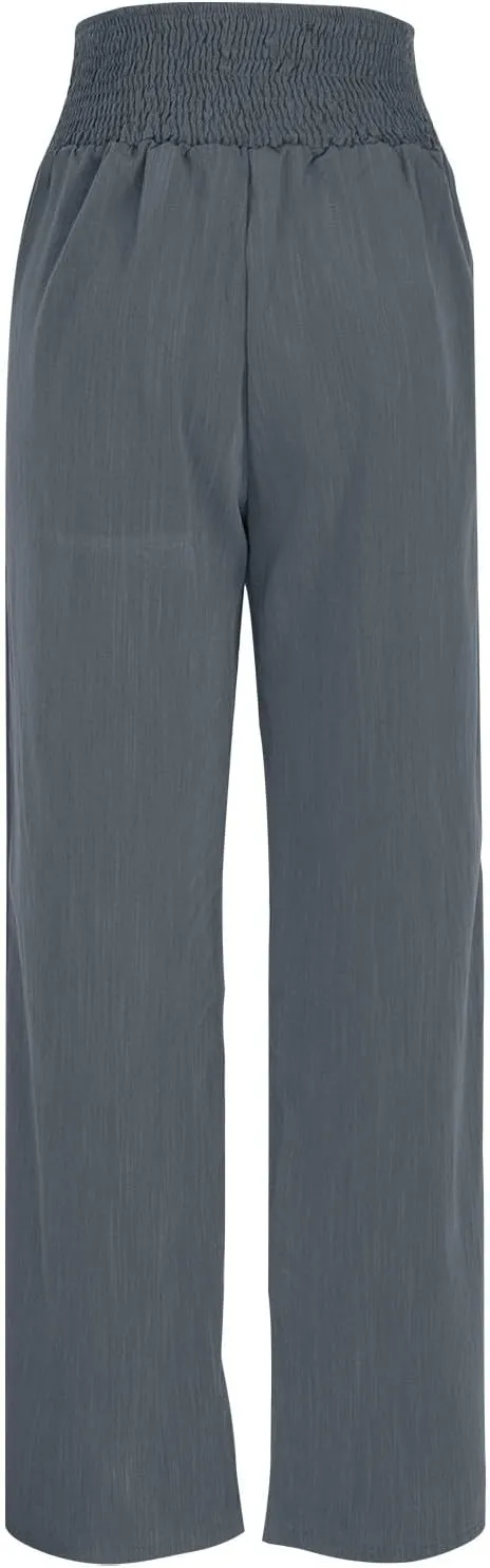 Lmdudan Women Linen Palazzo Pants 2025 Summer Boho Wide Leg High Waist Casual Lounge Pant Beach Travel Vacation Outfits