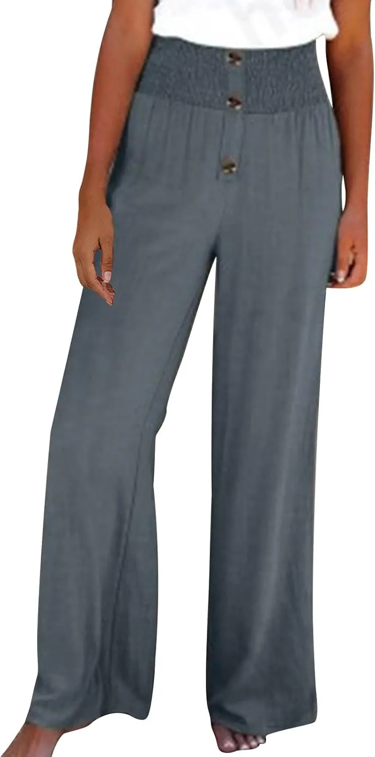 Lmdudan Women Linen Palazzo Pants 2025 Summer Boho Wide Leg High Waist Casual Lounge Pant Beach Travel Vacation Outfits