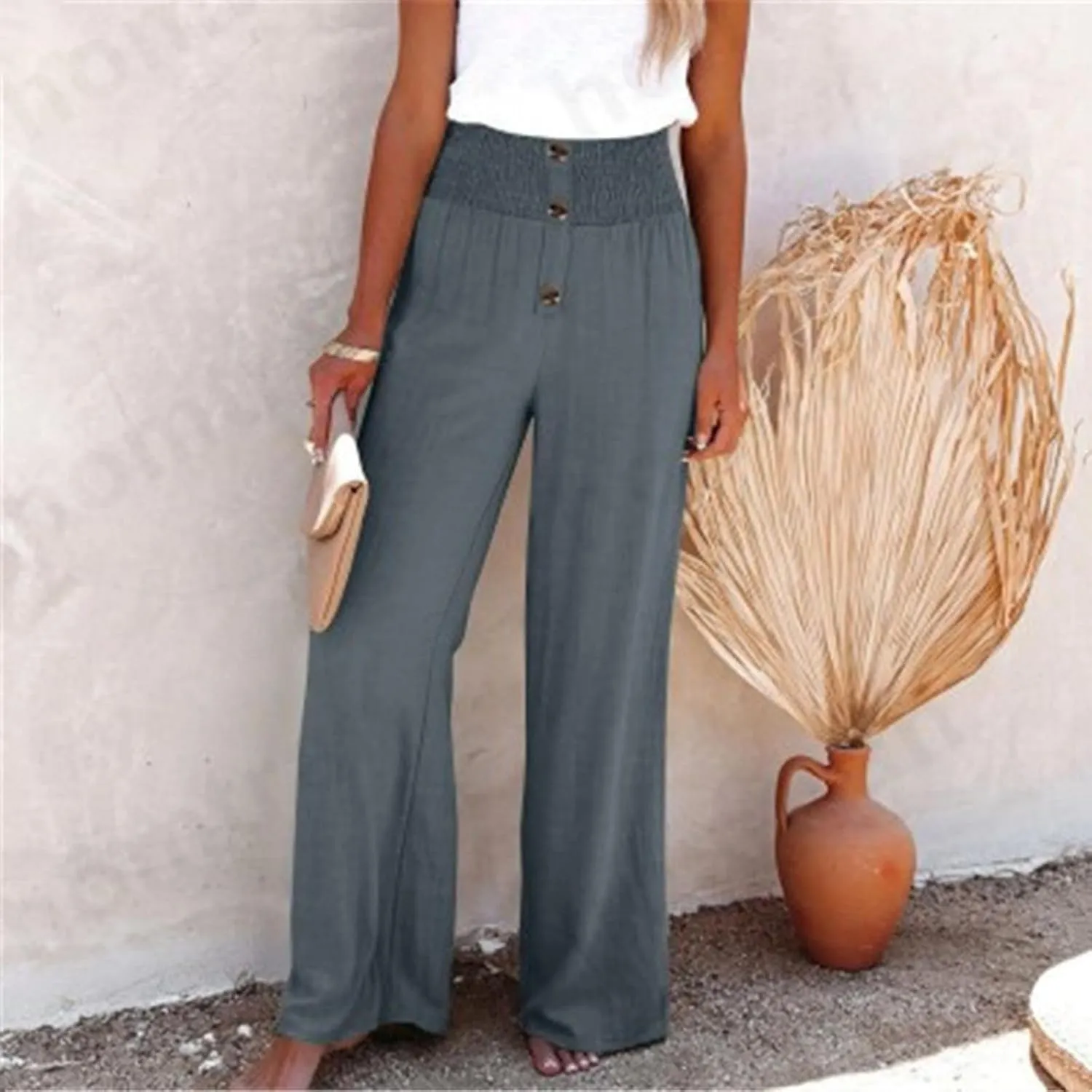 Lmdudan Women Linen Palazzo Pants 2025 Summer Boho Wide Leg High Waist Casual Lounge Pant Beach Travel Vacation Outfits