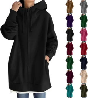 Long Hoodies for Women Zip Up Plus Size Loose Fit Fleece Jacket Long Sleeve Drawstring Sweatshirts with Pockets
