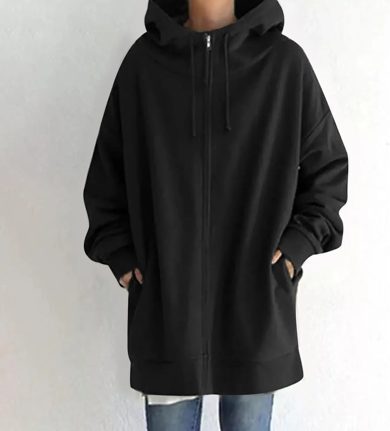 Long Hoodies for Women Zip Up Plus Size Loose Fit Fleece Jacket Long Sleeve Drawstring Sweatshirts with Pockets