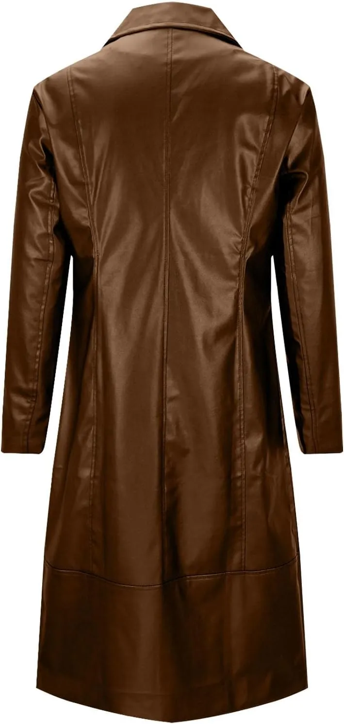 Long Leather Jackets for Men Softshell Lapel Trench Coat Button Down 2024 Fashion Overcoat Leather Windbreaker