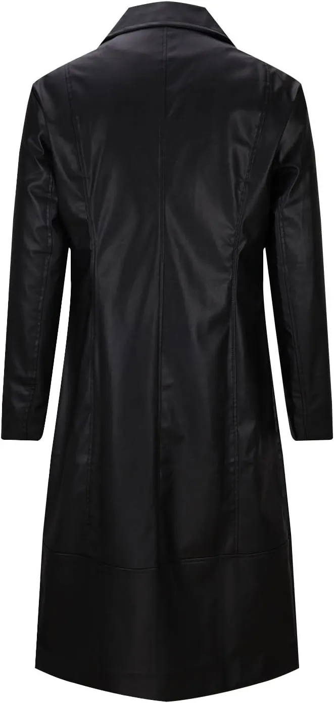 Long Leather Jackets for Men Softshell Lapel Trench Coat Button Down 2024 Fashion Overcoat Leather Windbreaker