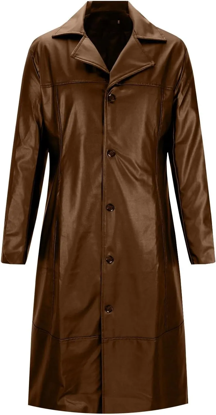 Long Leather Jackets for Men Softshell Lapel Trench Coat Button Down 2024 Fashion Overcoat Leather Windbreaker