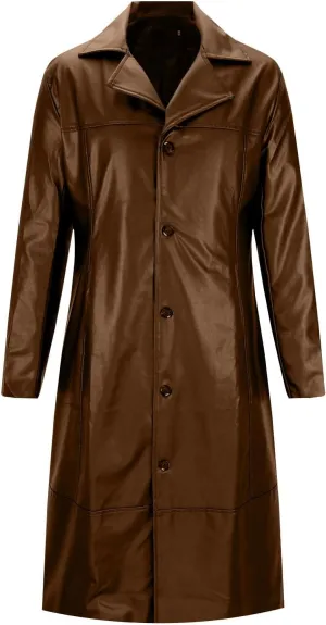 Long Leather Jackets for Men Softshell Lapel Trench Coat Button Down 2024 Fashion Overcoat Leather Windbreaker