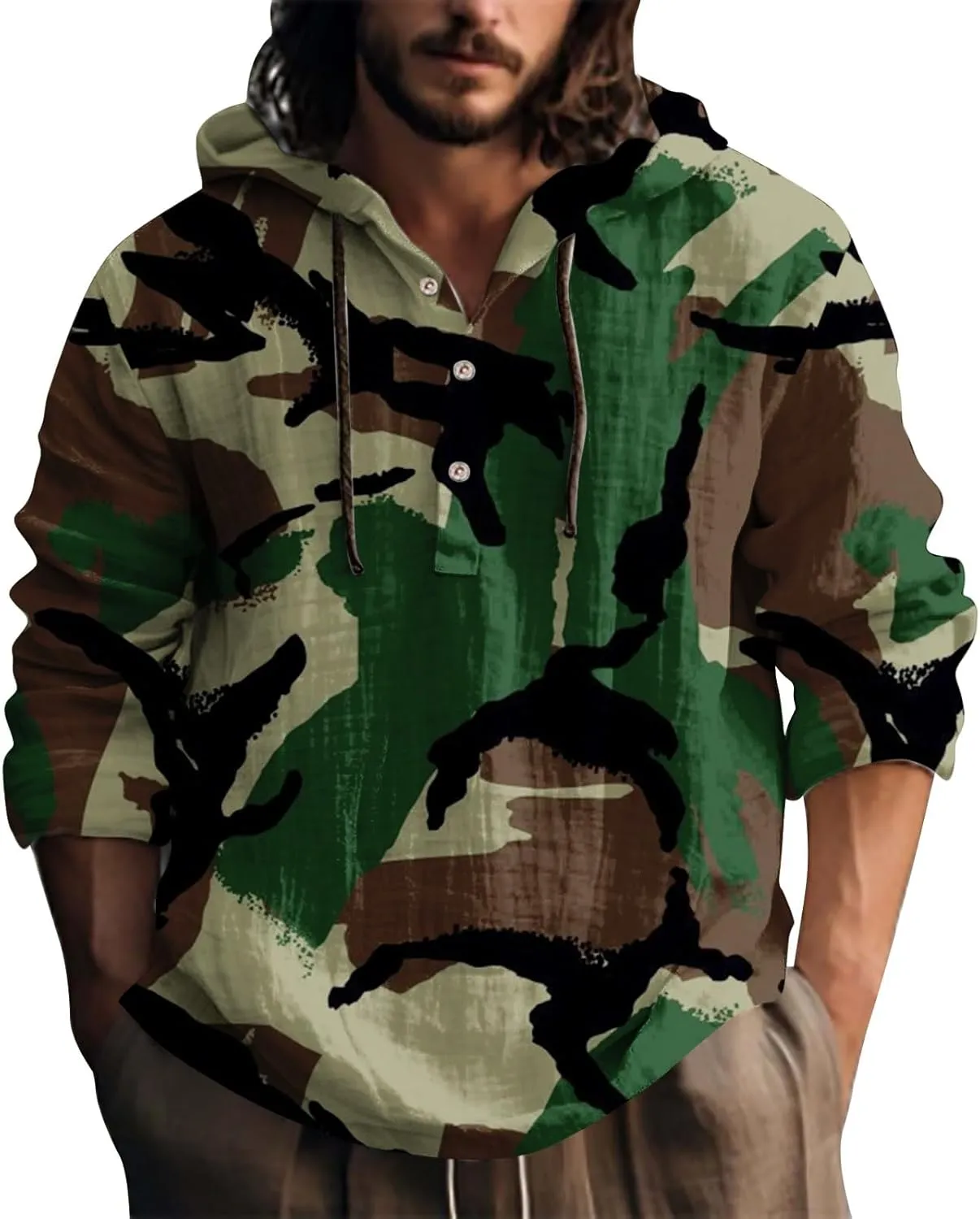Long Sleeve Beach Hippie Tops with Hat Men's Casual Fashion Loose Trend Camouflage Long Sleeve Shirts