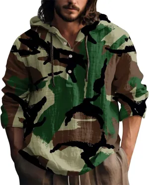 Long Sleeve Beach Hippie Tops with Hat Men's Casual Fashion Loose Trend Camouflage Long Sleeve Shirts
