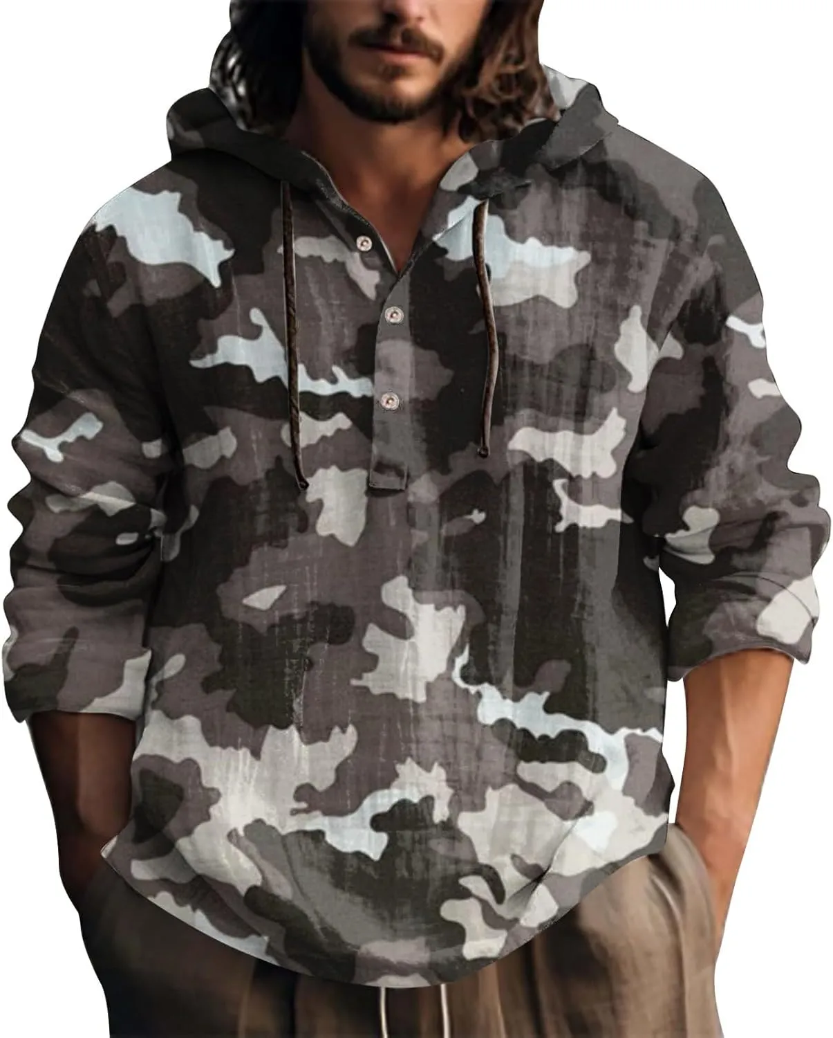 Long Sleeve Beach Hippie Tops with Hat Men's Casual Fashion Loose Trend Camouflage Long Sleeve Shirts