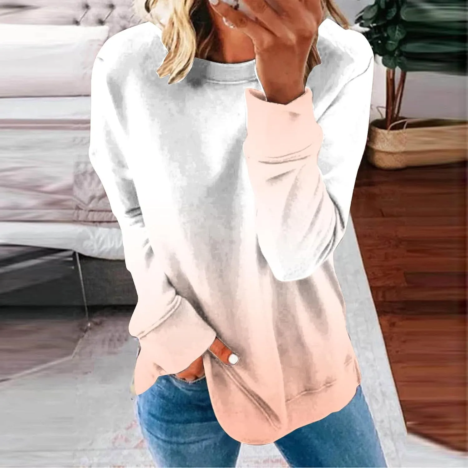 Long Sleeve Shirts for Women 2023 Tie Dye Print Oversized Sweatshirts Side Slit Pullover Tops for Leggings