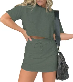 Lounge Cropped Tee Skort Set, Two Piece Tennis Skirt Set for Women, Sweat Skirt Sets Women 2 Piece Outfits