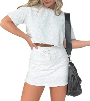 Lounge Cropped Tee Skort Set, Two Piece Tennis Skirt Set for Women, Sweat Skirt Sets Women 2 Piece Outfits