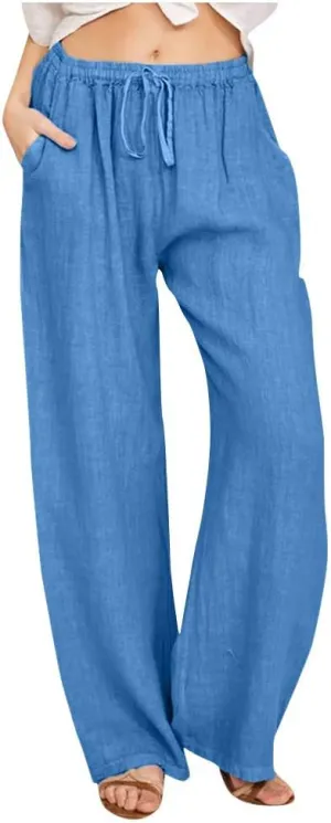 LRMQS Womens Pants Casual Trendy 2024 Spring Drawstring Loose Fit Trouser Lounge Beach Straight Linen Wide Leg Palazzo Outfit