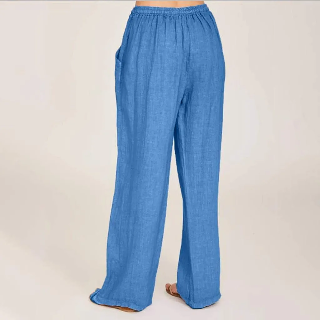 LRMQS Womens Pants Casual Trendy 2024 Spring Drawstring Loose Fit Trouser Lounge Beach Straight Linen Wide Leg Palazzo Outfit