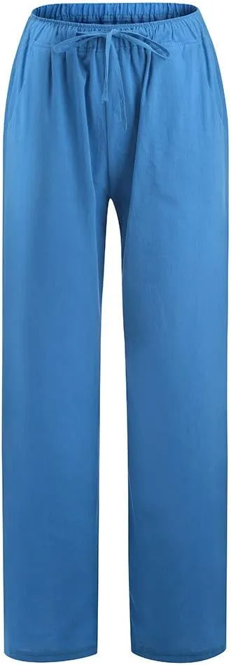 LRMQS Womens Pants Casual Trendy 2024 Spring Drawstring Loose Fit Trouser Lounge Beach Straight Linen Wide Leg Palazzo Outfit