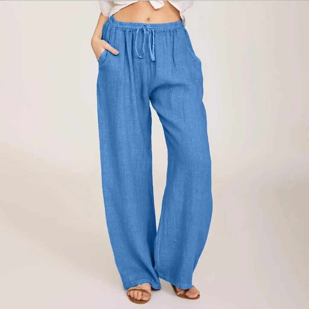 LRMQS Womens Pants Casual Trendy 2024 Spring Drawstring Loose Fit Trouser Lounge Beach Straight Linen Wide Leg Palazzo Outfit