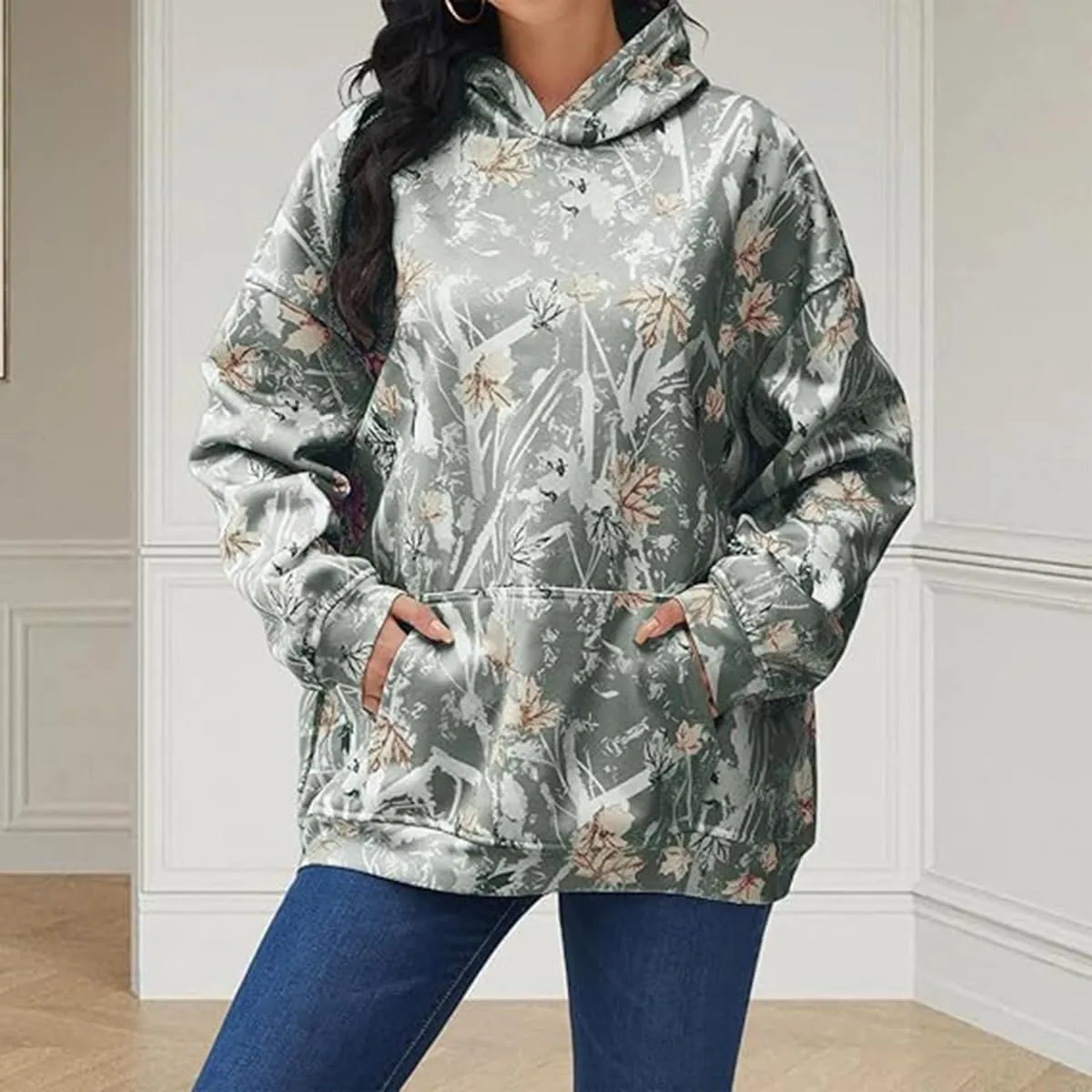 Lynkiss Womens Cotton Fleece Camo Hoodies Maple Leaf Print Oversized Hoodies Sweatshirt Pullover with Pocket