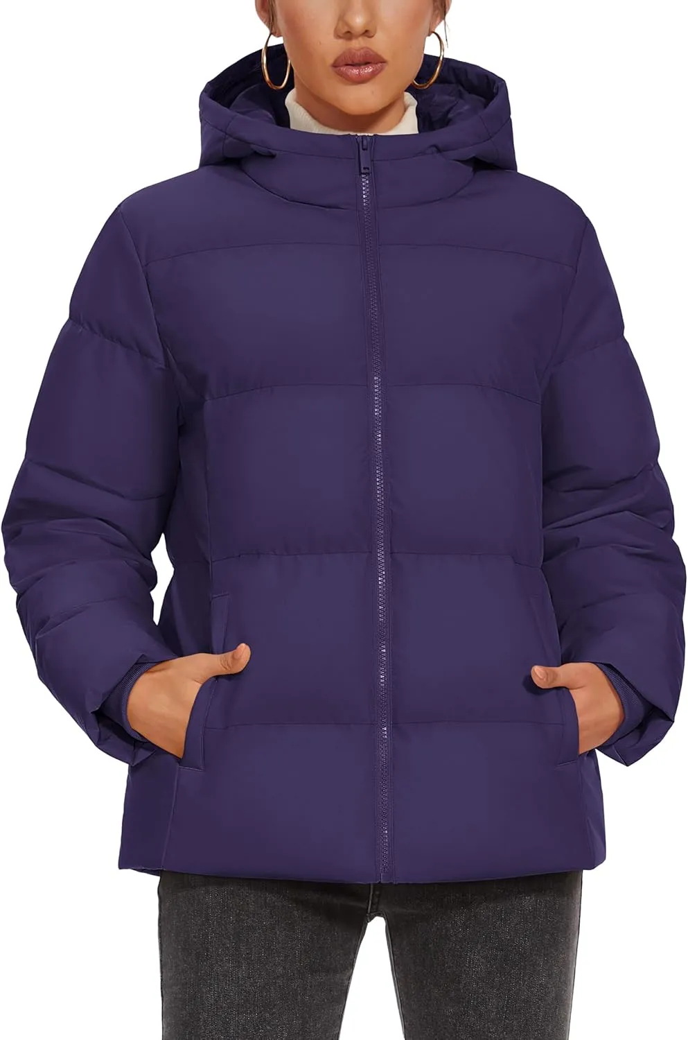MAGCOMSEN Women's Down Puffer Jacket with Hood Lightweight Thermal Quilted Coat with Pockets Zip-up Winter Warm Jacket