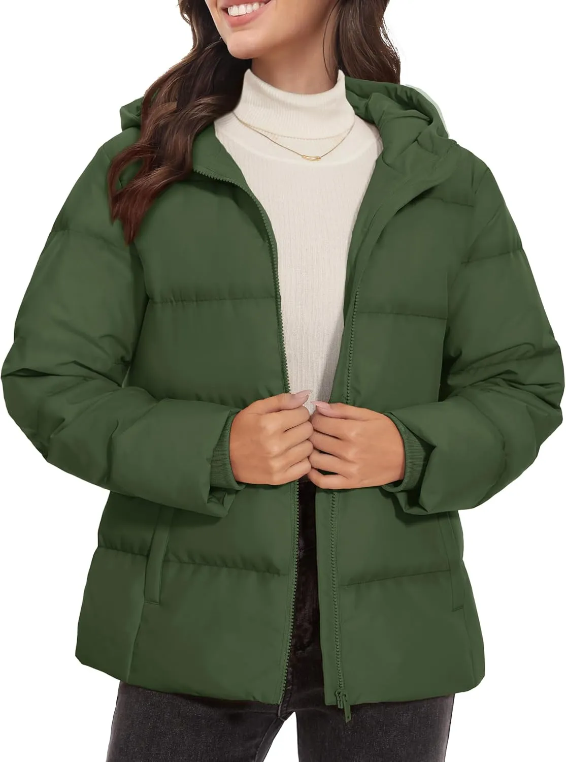 MAGCOMSEN Women's Down Puffer Jacket with Hood Lightweight Thermal Quilted Coat with Pockets Zip-up Winter Warm Jacket