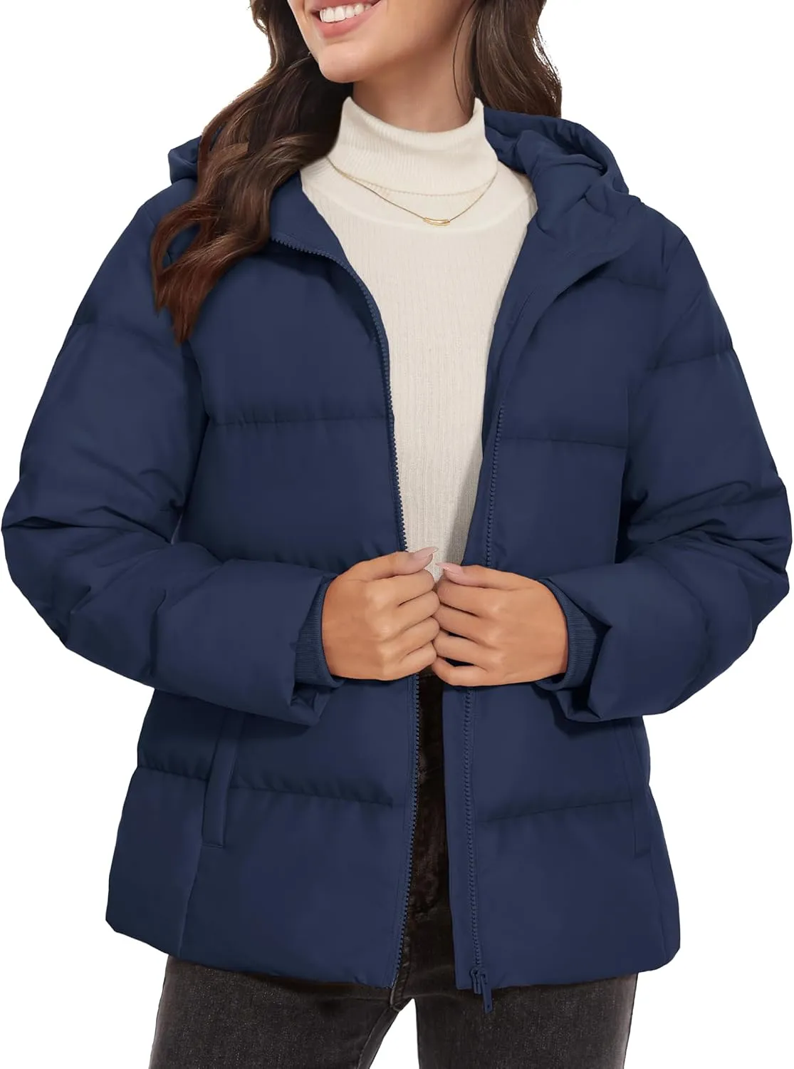 MAGCOMSEN Women's Down Puffer Jacket with Hood Lightweight Thermal Quilted Coat with Pockets Zip-up Winter Warm Jacket