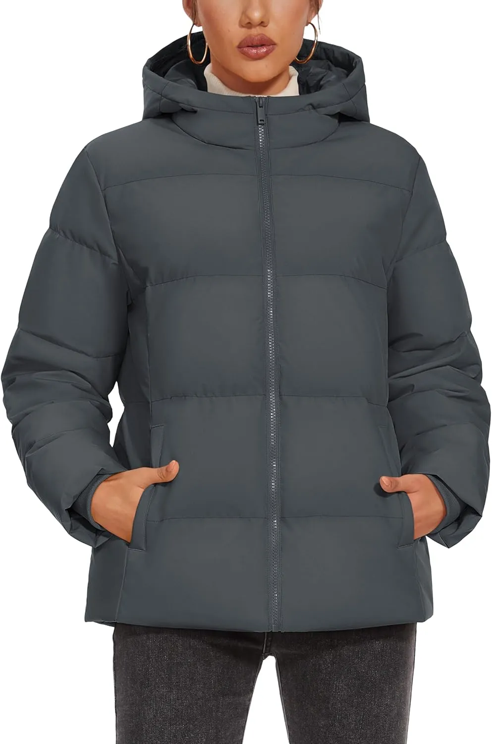 MAGCOMSEN Women's Down Puffer Jacket with Hood Lightweight Thermal Quilted Coat with Pockets Zip-up Winter Warm Jacket
