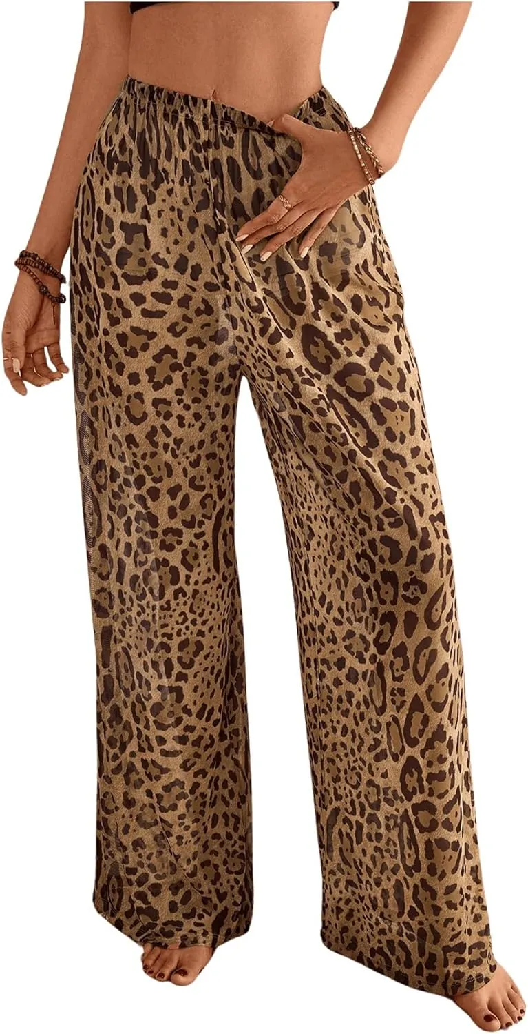 MakeMeChic Women's Leopard Print Pants Elastic Waist Lounge Pants Wide Leg Loose Long Pajama Pants