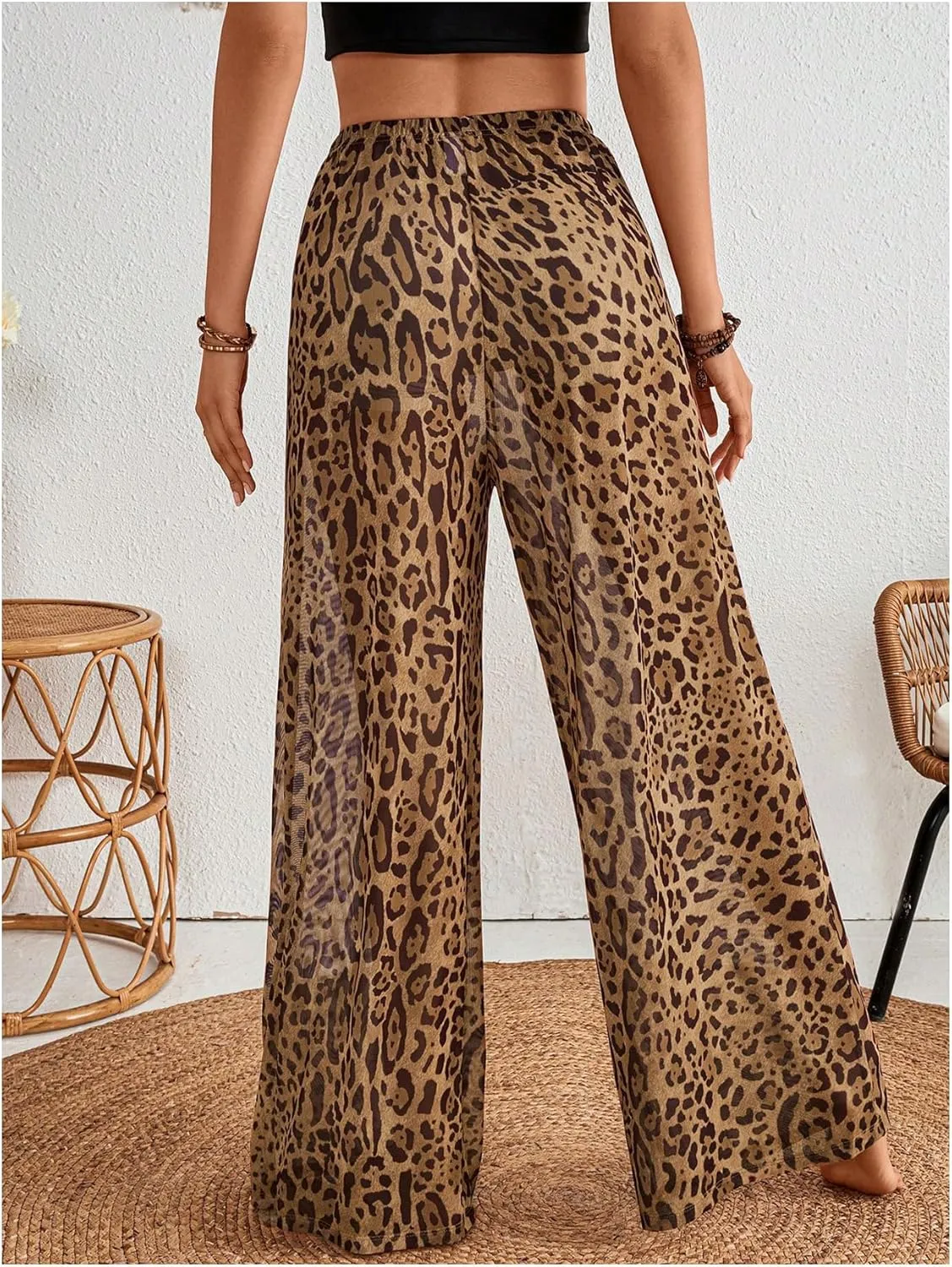 MakeMeChic Women's Leopard Print Pants Elastic Waist Lounge Pants Wide Leg Loose Long Pajama Pants