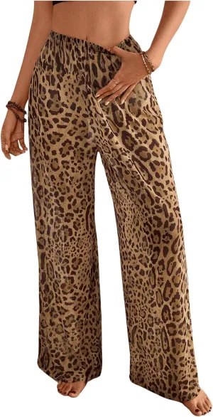 MakeMeChic Women's Leopard Print Pants Elastic Waist Lounge Pants Wide Leg Loose Long Pajama Pants
