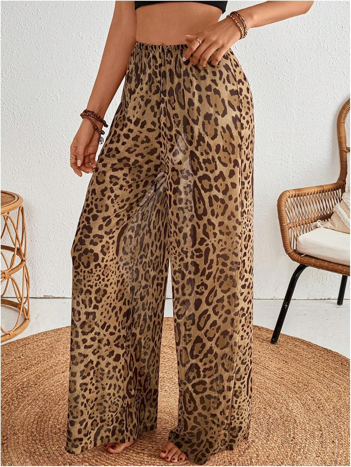 MakeMeChic Women's Leopard Print Pants Elastic Waist Lounge Pants Wide Leg Loose Long Pajama Pants