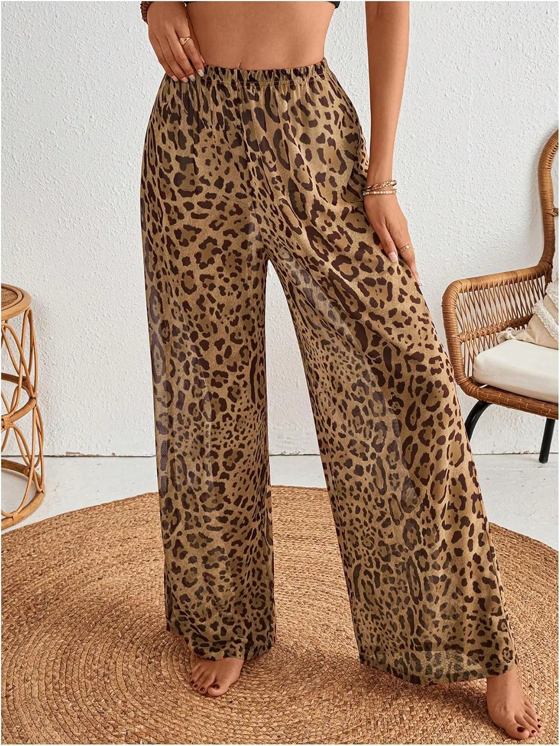 MakeMeChic Women's Leopard Print Pants Elastic Waist Lounge Pants Wide Leg Loose Long Pajama Pants