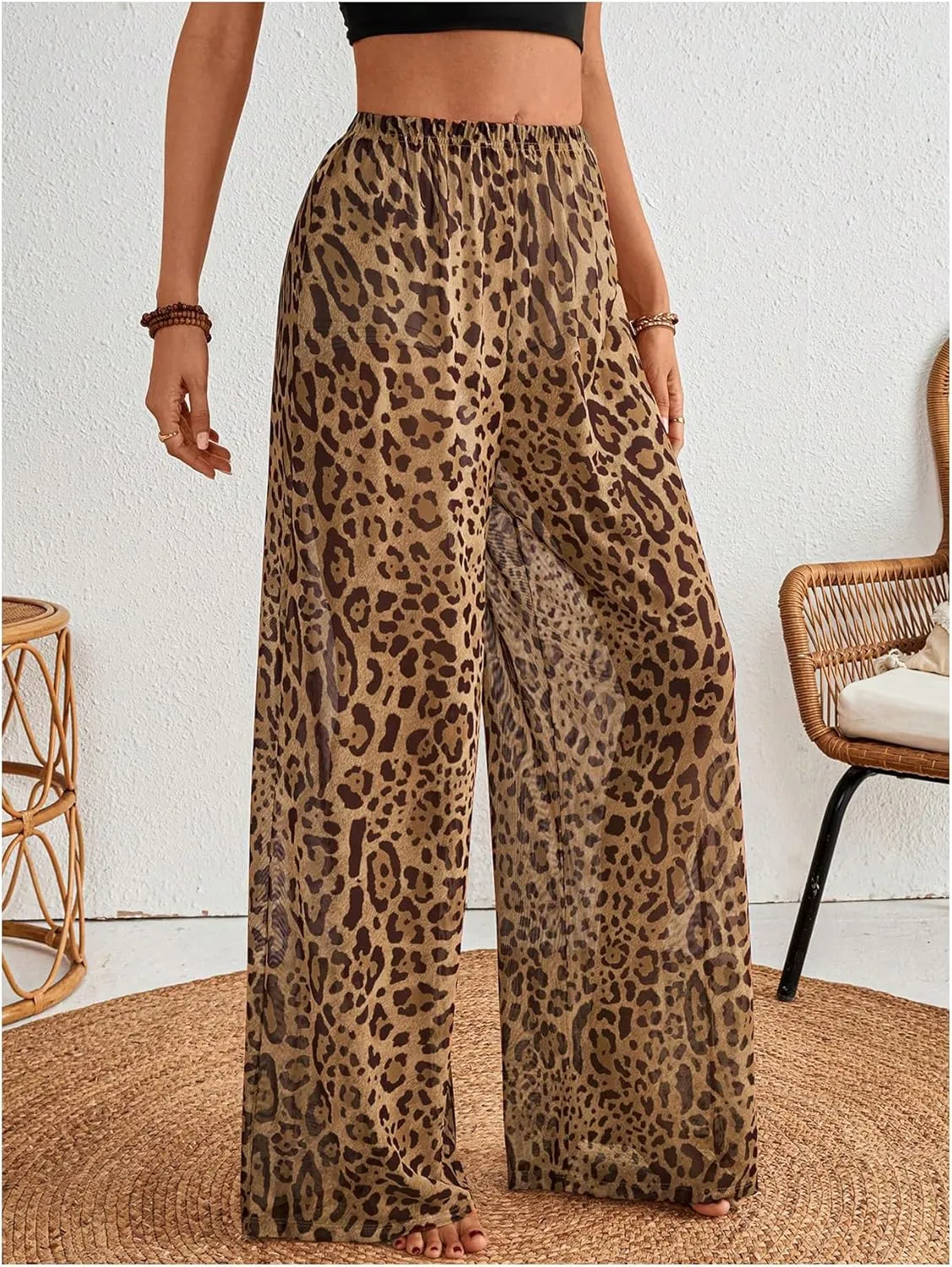 MakeMeChic Women's Leopard Print Pants Elastic Waist Lounge Pants Wide Leg Loose Long Pajama Pants