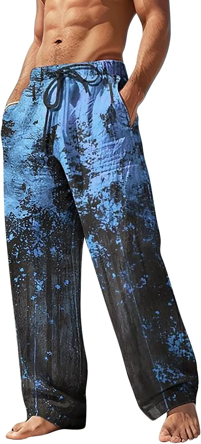 Men Casual Pants Funny Print Slacks Open Bottom Outdoor Vacation Pants Baggy Beach Straight Leg Trousers for Summer