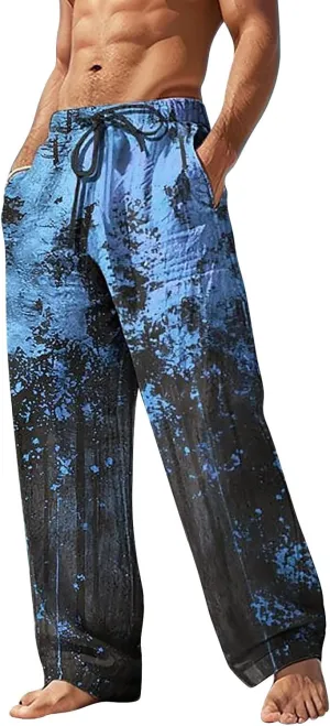 Men Casual Pants Funny Print Slacks Open Bottom Outdoor Vacation Pants Baggy Beach Straight Leg Trousers for Summer