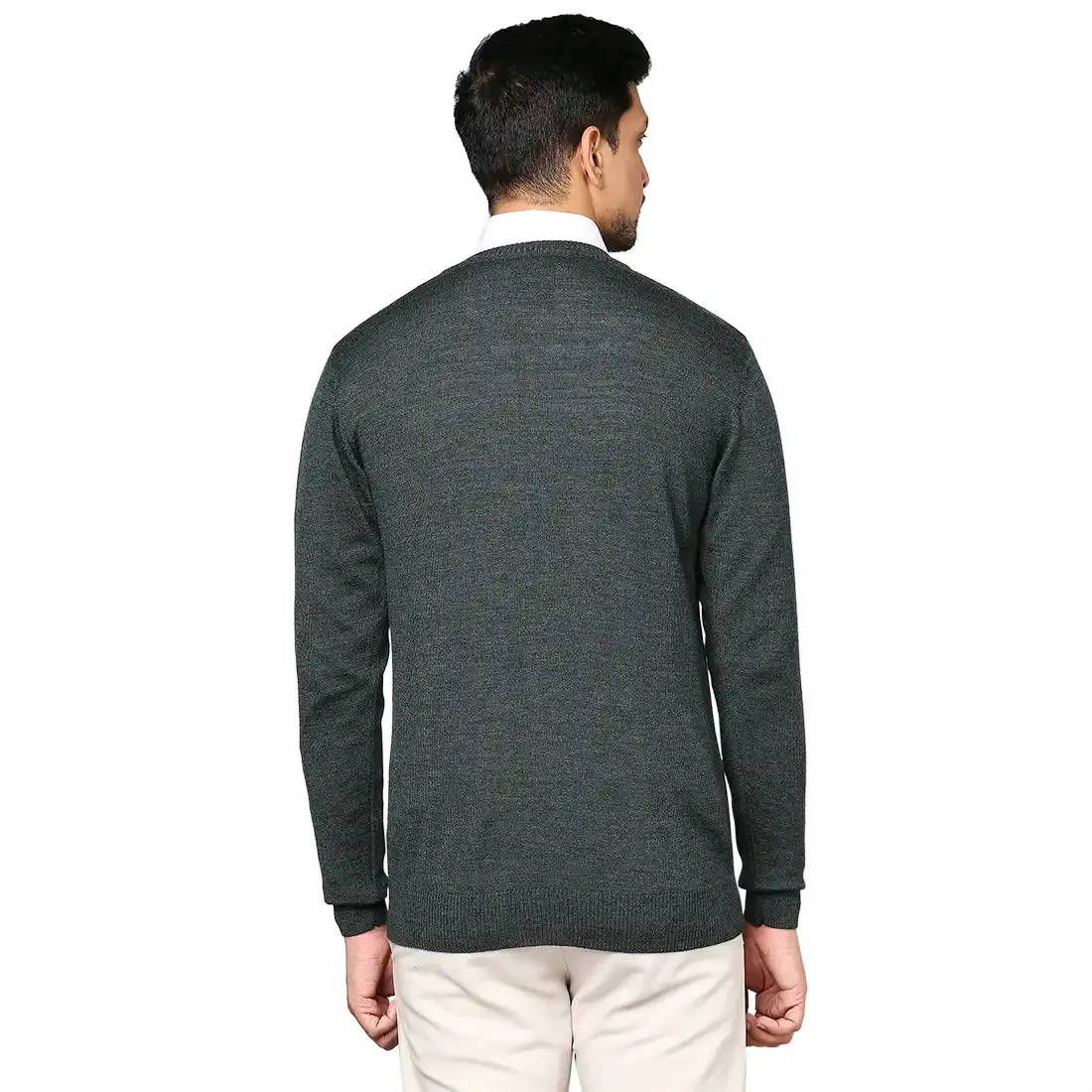 Men Green Solid Wool Blend Full Sleeve V Neck Collar Sweaters