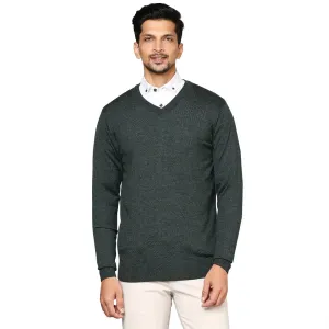 Men Green Solid Wool Blend Full Sleeve V Neck Collar Sweaters
