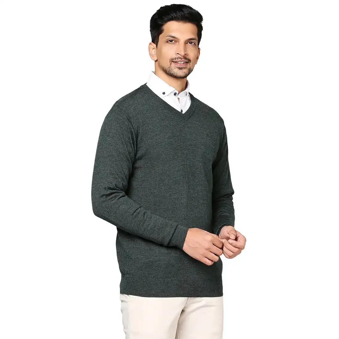 Men Green Solid Wool Blend Full Sleeve V Neck Collar Sweaters