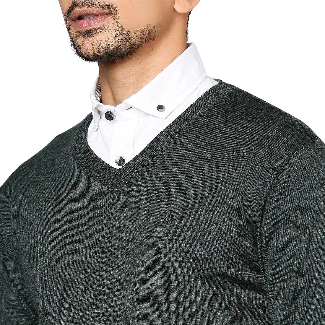 Men Green Solid Wool Blend Full Sleeve V Neck Collar Sweaters