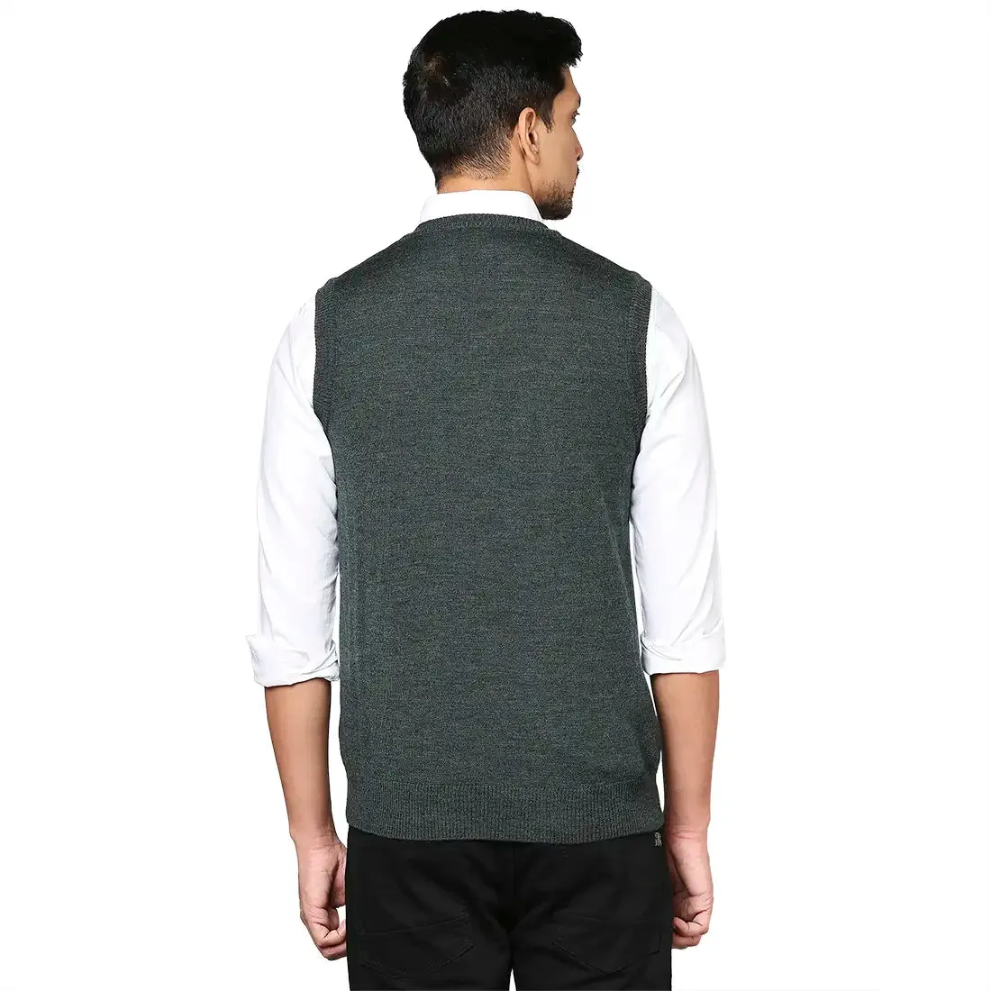 Men Green Solid Wool Blend V Neck Collar Sweaters