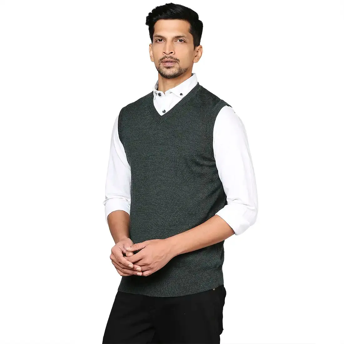 Men Green Solid Wool Blend V Neck Collar Sweaters