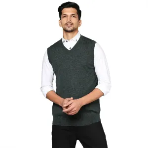 Men Green Solid Wool Blend V Neck Collar Sweaters