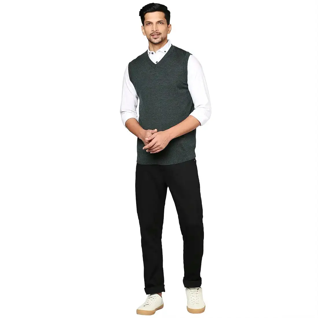 Men Green Solid Wool Blend V Neck Collar Sweaters