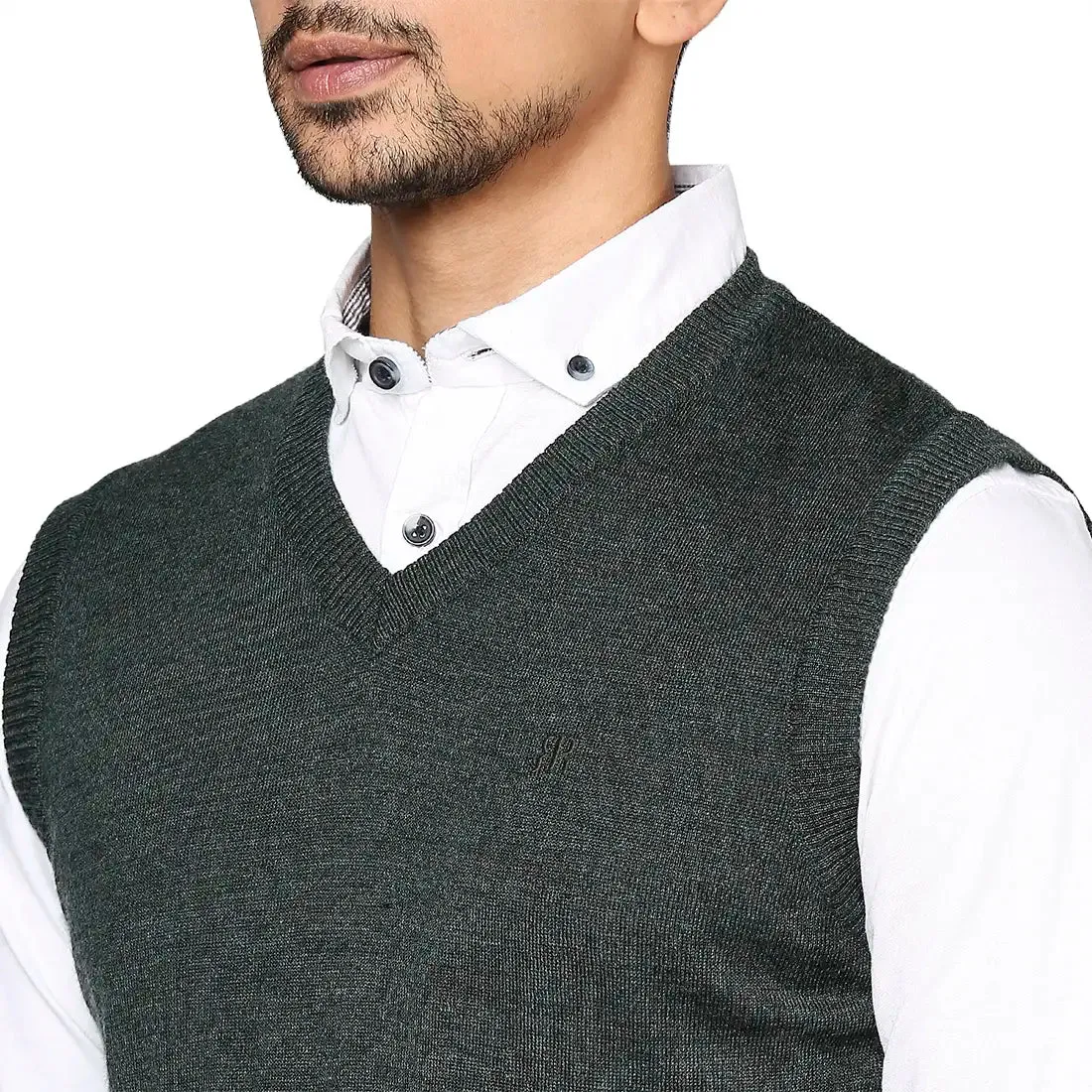Men Green Solid Wool Blend V Neck Collar Sweaters