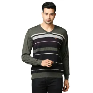 Men Green Stripe Acrylic Wool Blend Full Sleeve V Neck Collar Sweaters