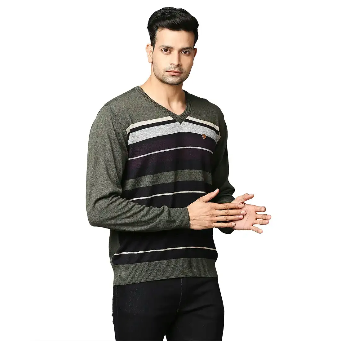 Men Green Stripe Acrylic Wool Blend Full Sleeve V Neck Collar Sweaters