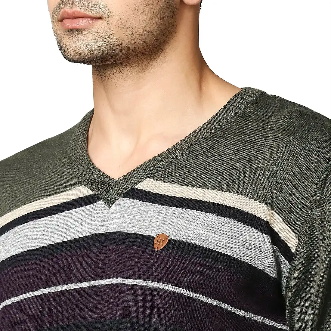 Men Green Stripe Acrylic Wool Blend Full Sleeve V Neck Collar Sweaters