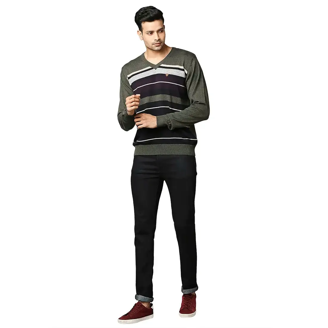 Men Green Stripe Acrylic Wool Blend Full Sleeve V Neck Collar Sweaters