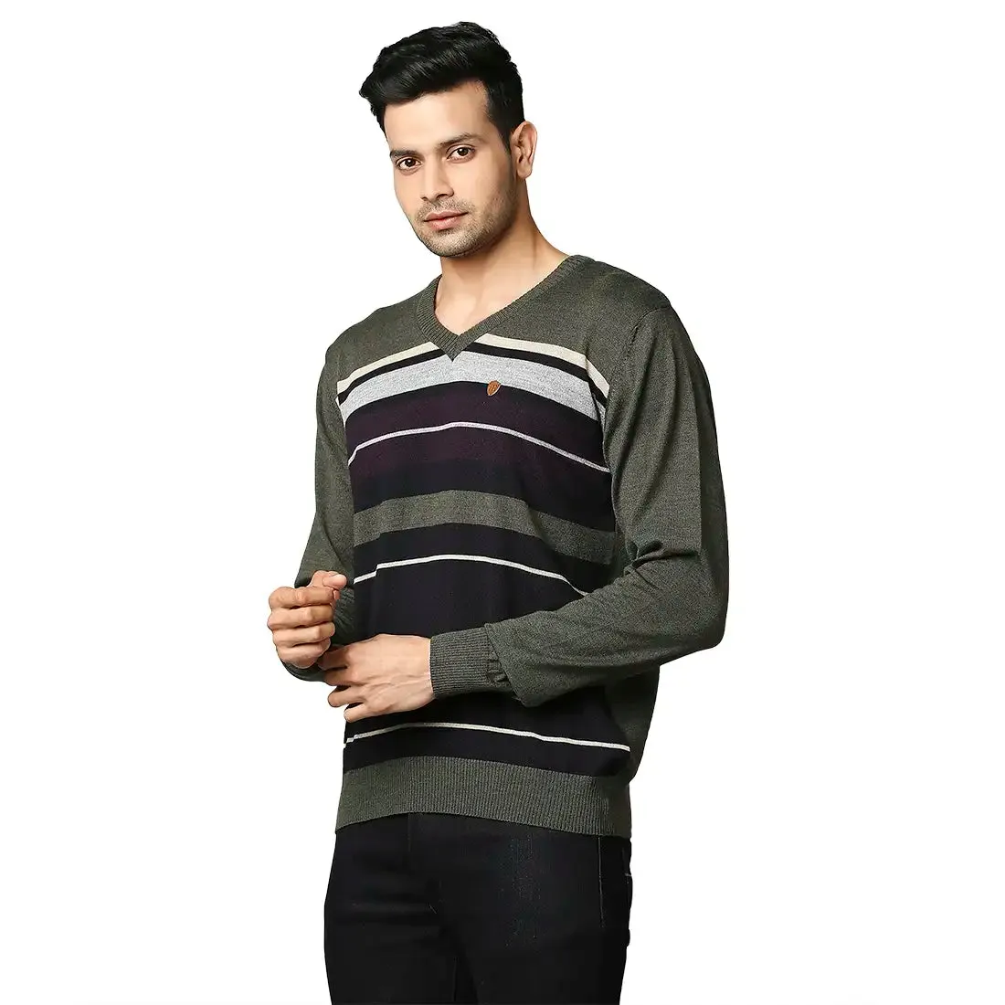 Men Green Stripe Acrylic Wool Blend Full Sleeve V Neck Collar Sweaters