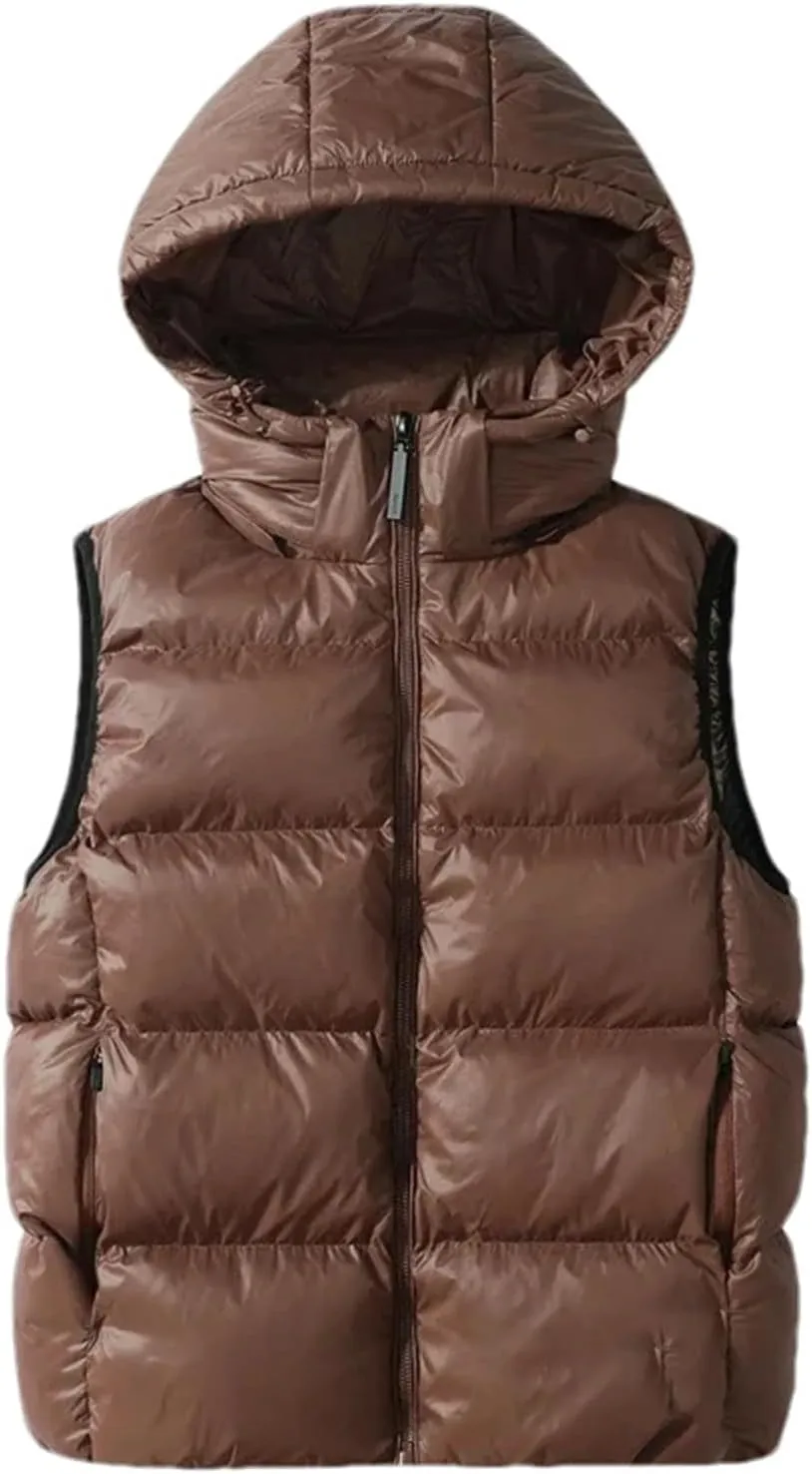Men Hooded Wind-Proof Puffer Vest Jackets Winter Sleeveless Warm Cotton-Padded Waistcoat Outerwear
