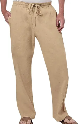 Men Linen Pants Lightweight Casual Relaxed Fit Elastic Waist Breathable Wide Leg Baggy Joggers Trousers