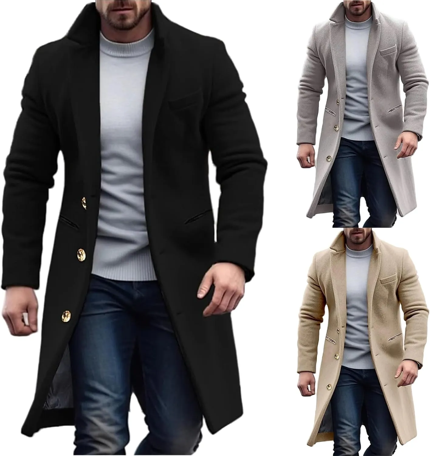 Men Trench Coat Fall Winter Single Breasted Pea Jacket Overcoat Vintage Graphic Wool Blend Formal Coats Warm Soft Tops