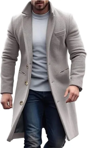 Men Trench Coat Fall Winter Single Breasted Pea Jacket Overcoat Vintage Graphic Wool Blend Formal Coats Warm Soft Tops